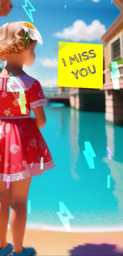 Girl in red dress standing beside a turquoise canal with 'I Miss You' note.