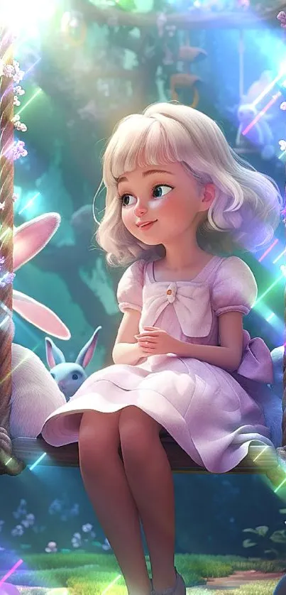 Whimsical girl on swing with bunnies in a serene, dreamy setting.
