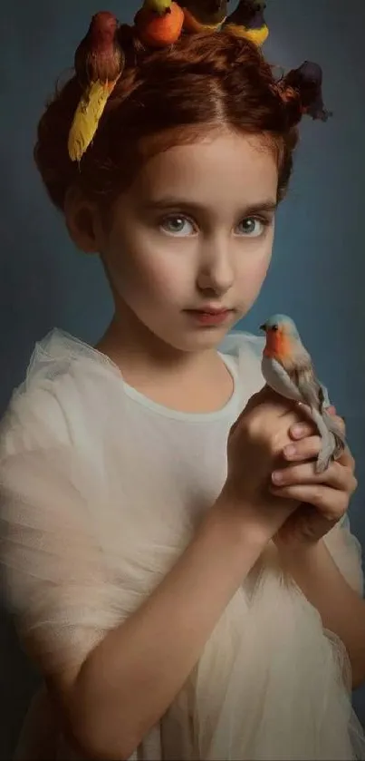 Young girl with birds in her hair, creating a whimsical portrait.