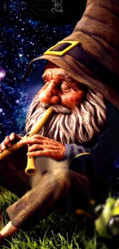 Whimsical gnome playing flute under starry sky.