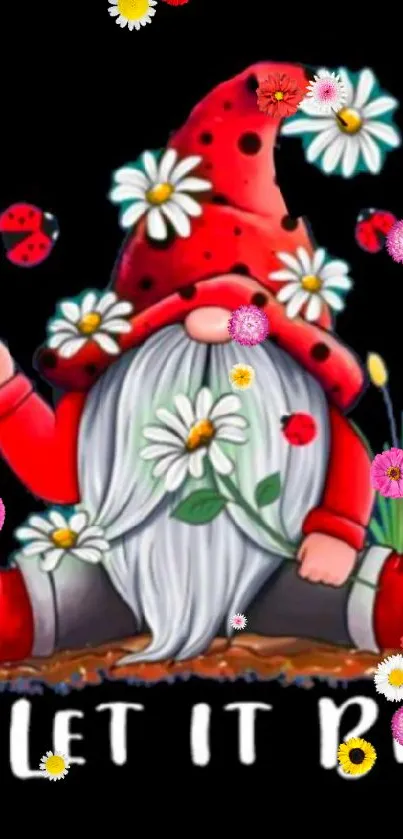 Gnome with daisies and ladybugs on a whimsical wallpaper.