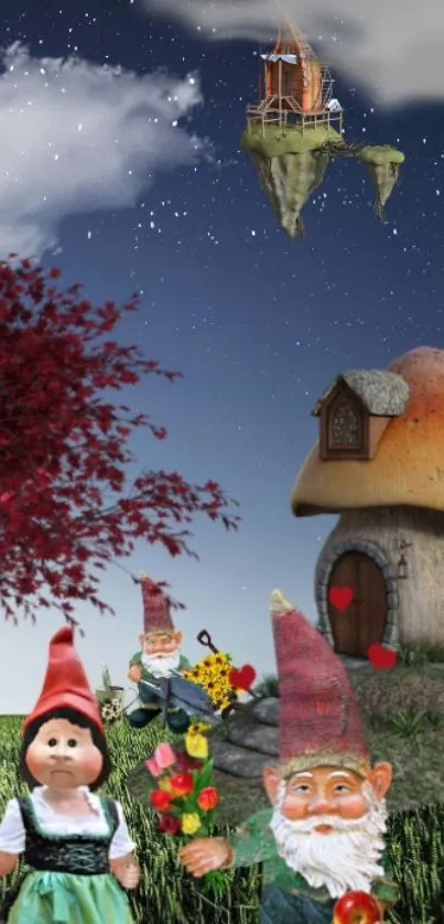 Whimsical scene with gnomes, mushroom house, red tree, and floating island at night.