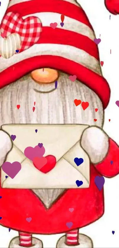 Whimsical gnome in red stripes holding a heart envelope.