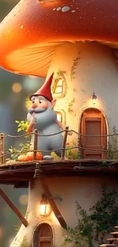 Gnome on a mushroom house in a whimsical fantasy scene.