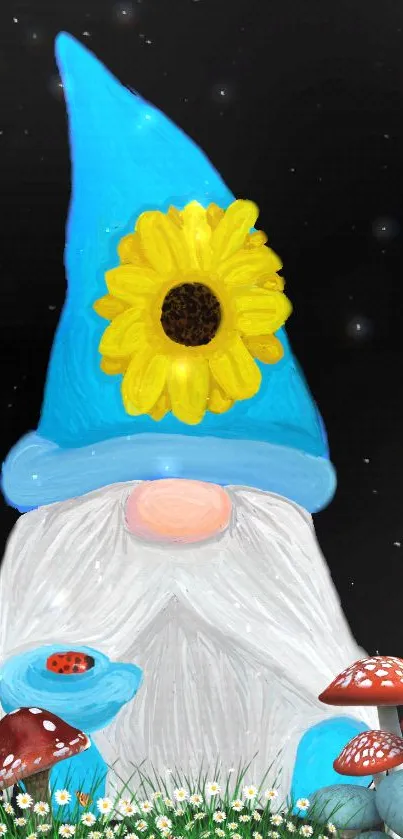 Fantasy gnome with blue hat and mushrooms under starry sky.