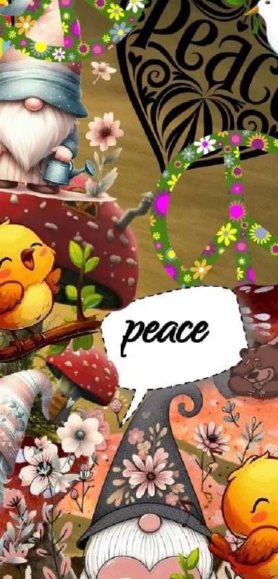 Whimsical gnomes and birds with peace symbols on a floral wallpaper.