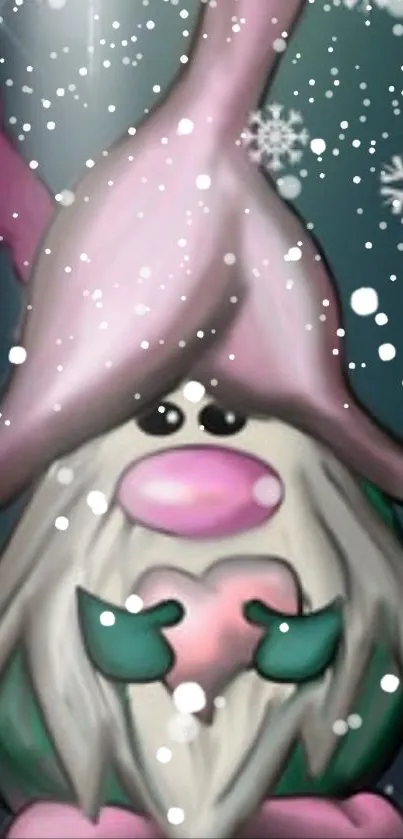 Mobile wallpaper of a whimsical gnome with snowflakes on a dark background.