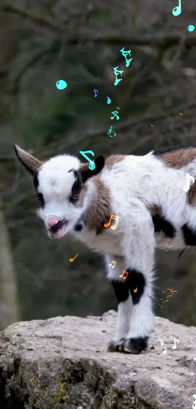 Cute goat on rock with colorful music notes floating around.