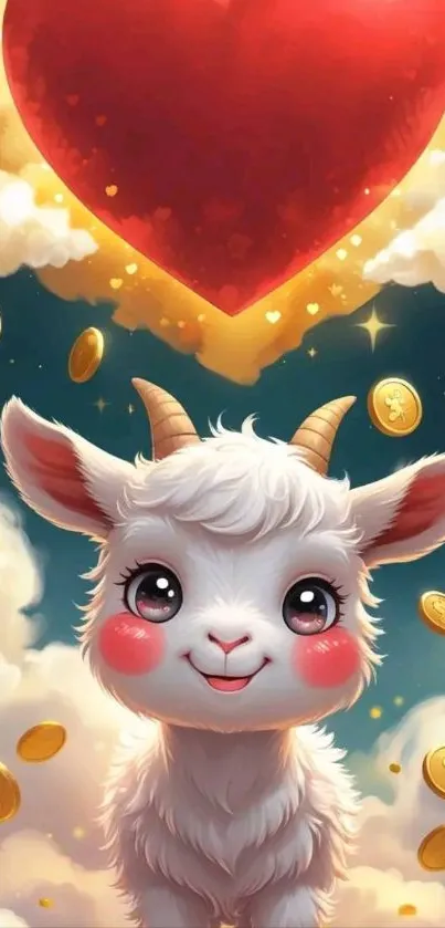 Cartoon goat under a giant heart with coins.