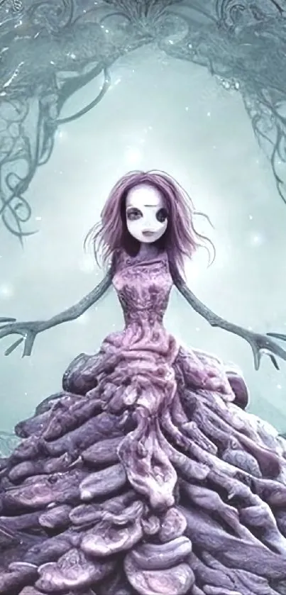 Gothic art wallpaper with whimsical character and intricate dress.