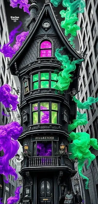 Gothic house with colorful smoke in fantasy art style.