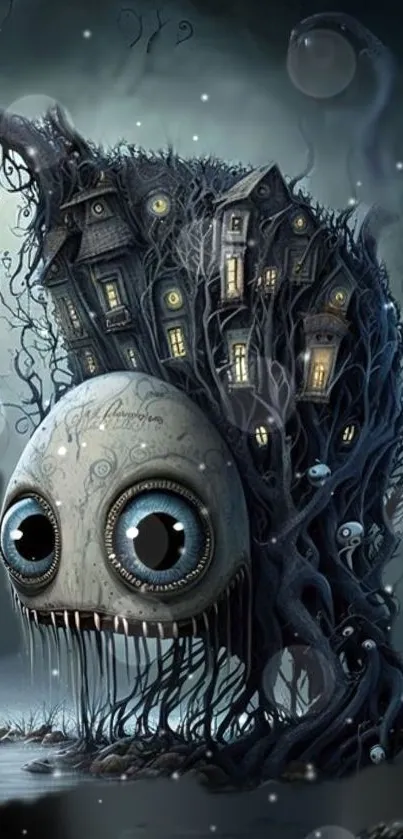 Gothic fantasy wallpaper with spooky creature and whimsical houses.