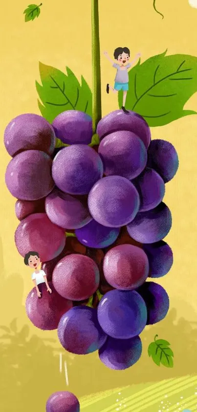 Whimsical grape wallpaper with playful children climbing large purple grapes.