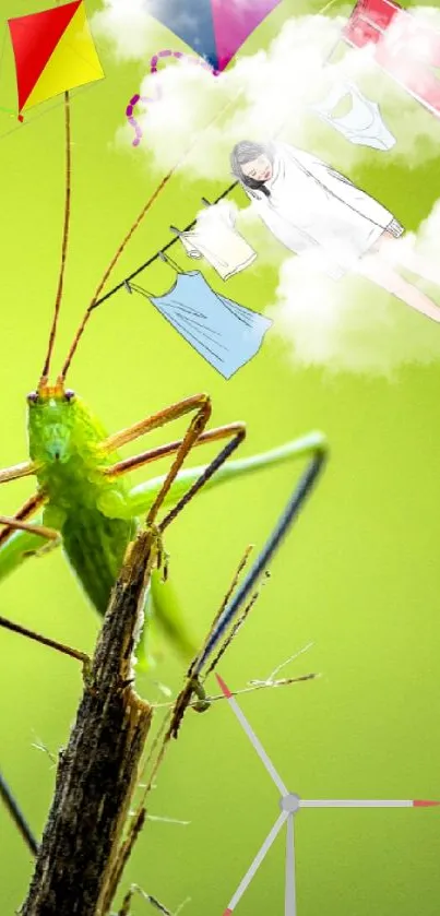 Whimsical grasshopper on green background with kites and dreamy elements.