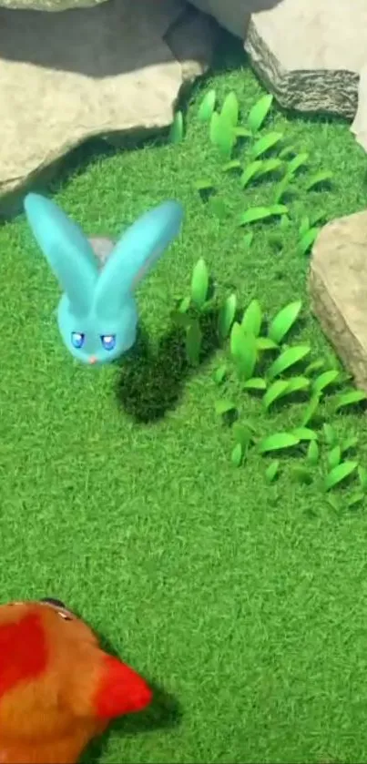 Whimsical scene with blue bunny and red fox on green grass.