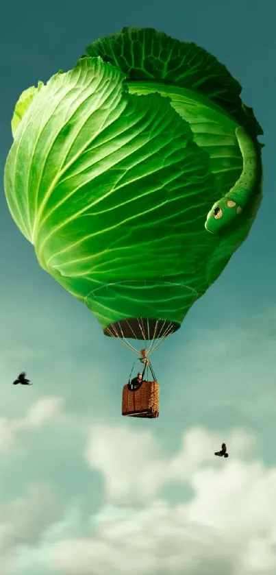 Surreal green leafy balloon floating in a blue sky with birds below.