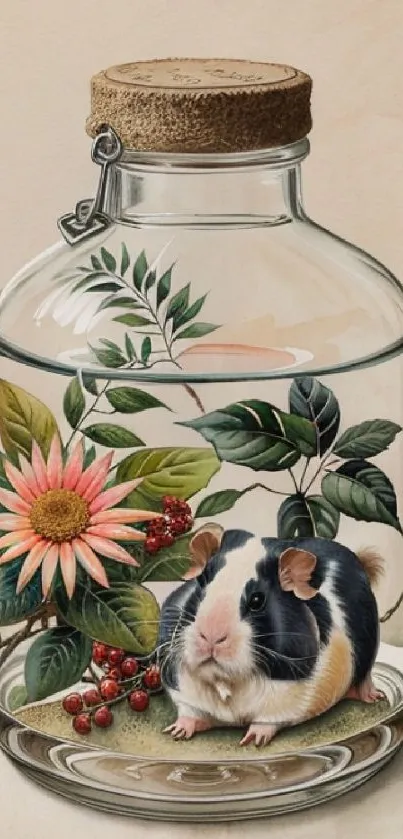 Guinea pig in a jar with floral decor as a mobile wallpaper.