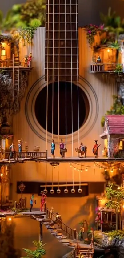 Whimsical village art built around a guitar.