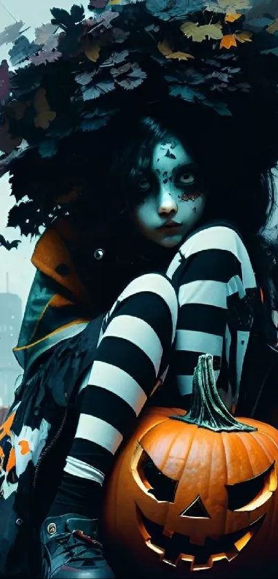 Whimsical Halloween scene with pumpkin and character.