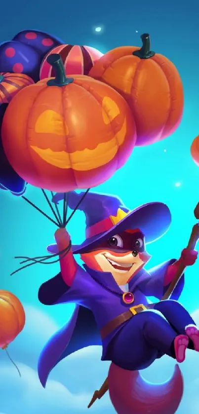 Raccoon in wizard costume with pumpkin balloons, vibrant Halloween scene.