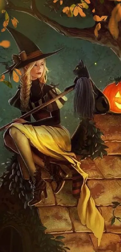 Witch and cat on roof with glowing pumpkin.