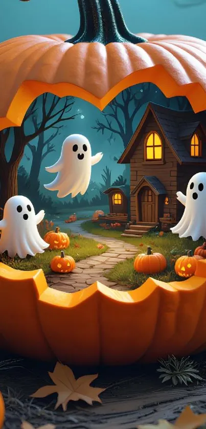 Halloween pumpkin with ghosts and haunted house.