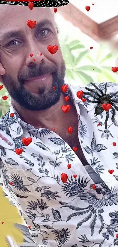 Wallpaper of man in floral shirt with red hearts and a spider.