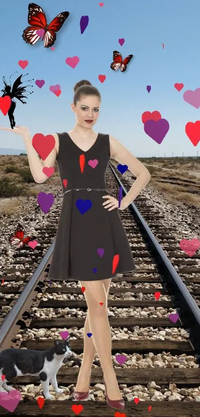 Woman on tracks with hearts and butterflies wallpaper.