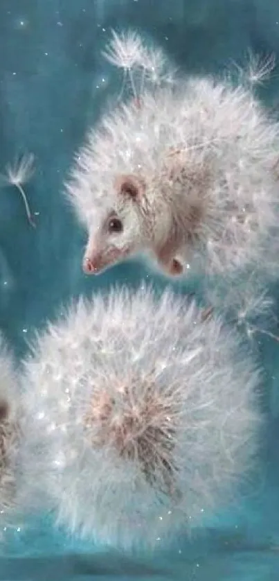 Hedgehogs playing in dandelions on a teal background.