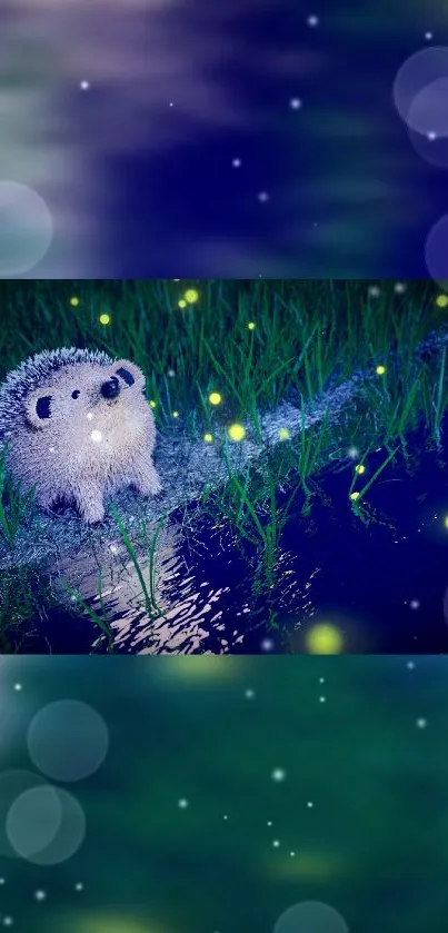 Whimsical hedgehog in a twilight meadow with glowing orbs.