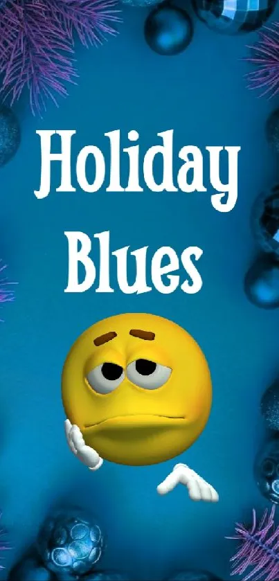 A whimsical holiday blues wallpaper with a sad emoji surrounded by festive decorations.