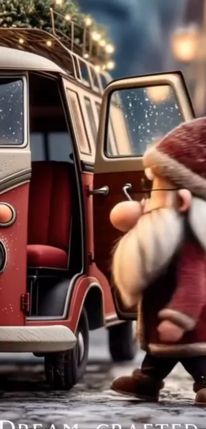 Festive cartoon figure beside vintage van with Christmas decorations.