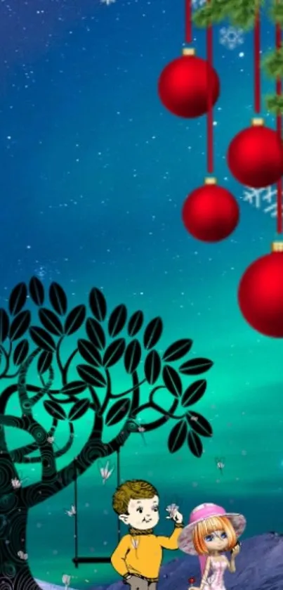 Whimsical holiday scene with red ornaments against a turquoise sky.