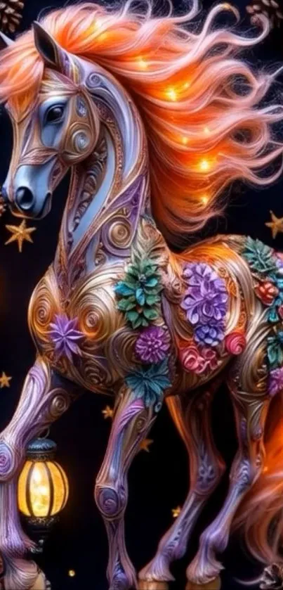 Whimsical horse with floral accents and glowing lanterns in a fantasy setting.