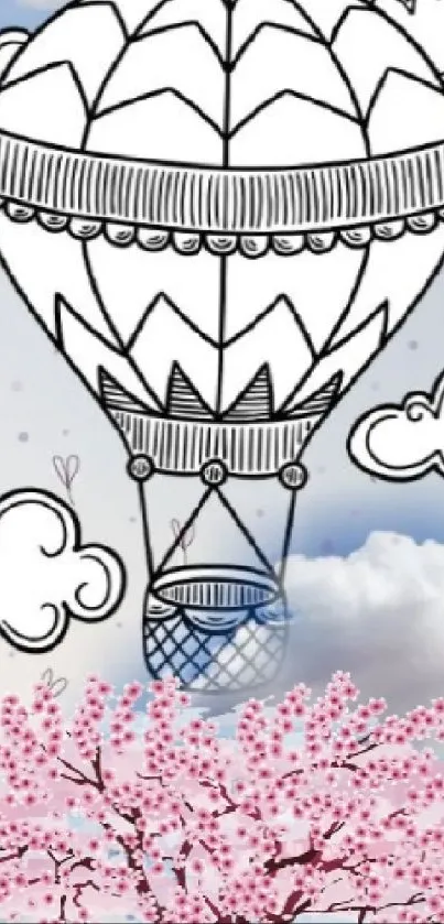 Whimsical wallpaper with hot air balloon, pink blooms, and clouds.