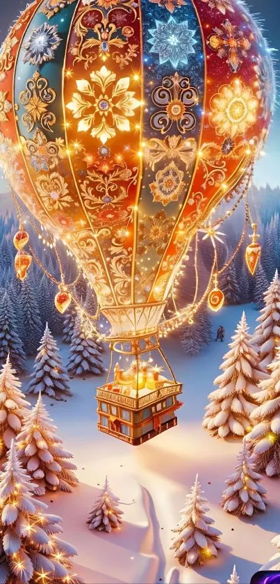 Whimsical hot air balloon over snowy landscape with colorful patterns.