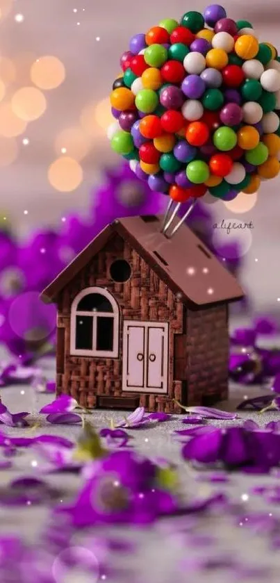 Whimsical house with balloons and purple flowers on a grey background.