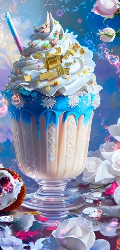 Ice cream in a glass with floral accents, artistic wallpaper.
