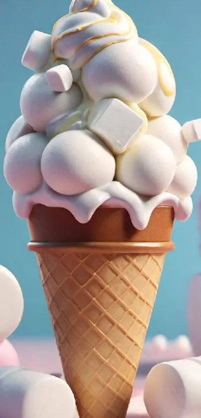 Ice cream cone with marshmallows on a blue background.