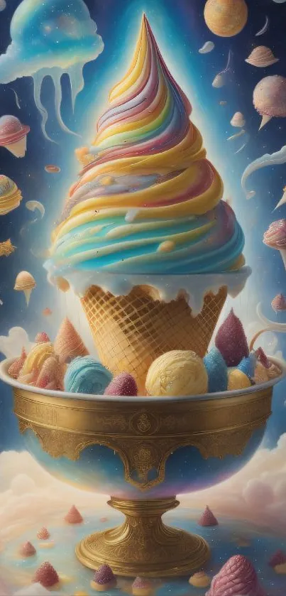 Fantasy ice cream cone in a cosmic universe scene.
