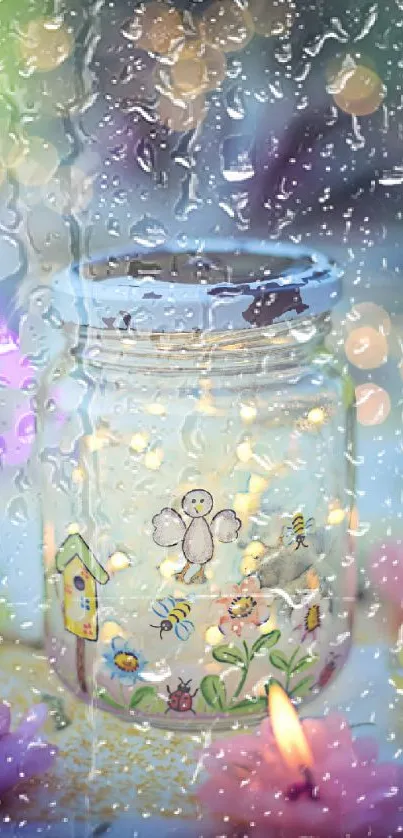 Whimsical glass jar with fairy lights surrounded by colorful flower candles.