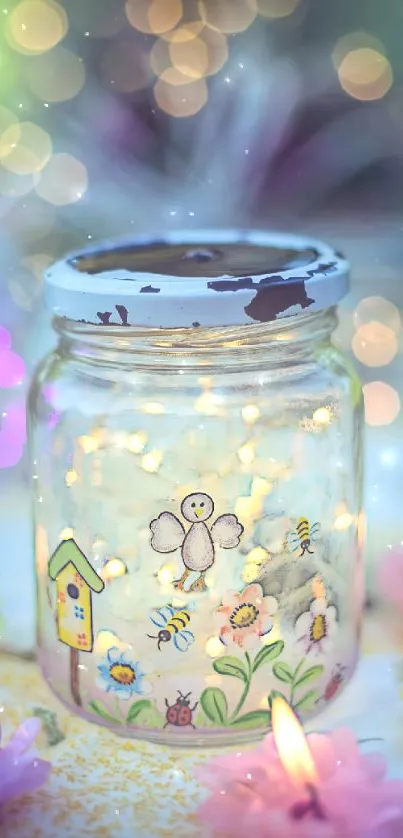 Whimsical jar with glowing candle and floral designs, set against a dreamy background.