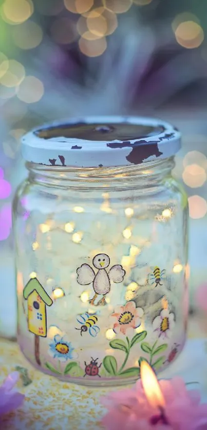 Whimsical jar with fairy lights and flowers, perfect for a dreamy wallpaper.