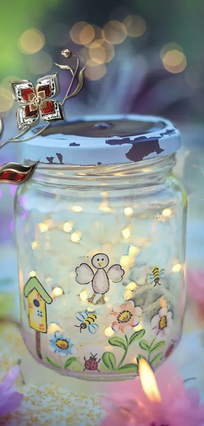 Whimsical jar with fairy lights and flowers, perfect for a mobile wallpaper.