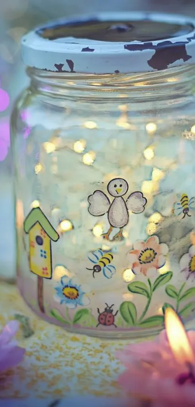 Whimsical jar with fairy lights and pastel flowers.