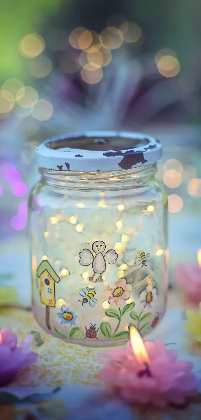 Whimsical jar with lights and flower candles against a bokeh background.