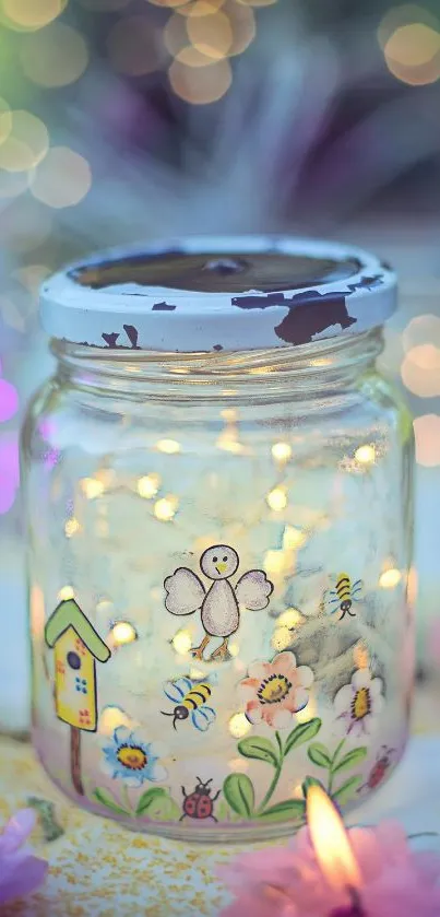 Whimsical jar with fairy lights, flowers, and bees on a colorful background.