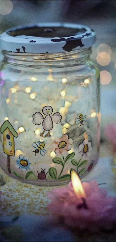 Whimsical jar with fairy lights and floral candles in a dreamy setting.