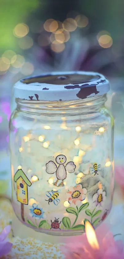 Whimsical fairy lights glowing in a decorated jar with soft floral surroundings.