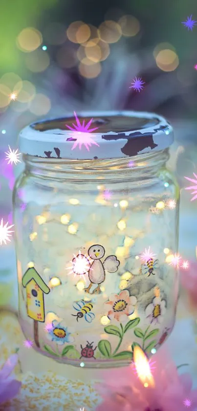 Enchanting glass jar with fairy lights and stars surrounded by flowers.